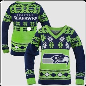 Seattle Seahawks NFL Women's Big Logo V-Neck Ugly Christmas Sweater Medium